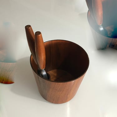 A Vintage Mid Century Teak Nut Container and Original Tool Signed Rainbow Sweden 