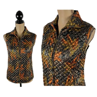 Metallic Quilted Vest Medium, Zip Up Lightweight Fall Colors, Gold Black Copper, Dressy Casual Clothes Women, Vintage 90s Y2K Chico's Size 1 