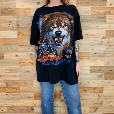 90's Sturgis Vintage 3D Emblem 1993 Black Hills Rally Wolf Tee Shirt 