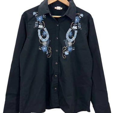 Vintage Sage West Black Embroidered Horseshoe Floral Western Shirt Women’s XL