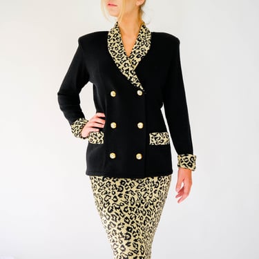 Vintage 80s Mike Korwin Black & Gold Metallic Leopard Santana Knit Skirt Suit w/ Gold Jeweled Buttons | Made in USA | 1980s Designer Set 