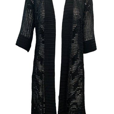 1920s Black Mid Length Hand Crochet Open Front Cardigan