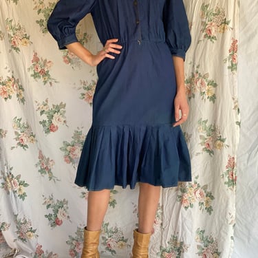 Vintage Puffed Sleeves Dress / Denim Midi Dress / Balloon Sleeves / Autumnal Dress 