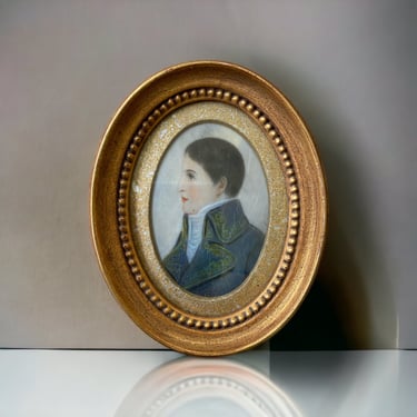 Antique portrait miniature painting c. 1800s. Oval framed watercolor of young man in Edwardian period dress. 