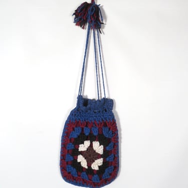 Vintage 70s Afghan Granny Square Drawstring Bag 