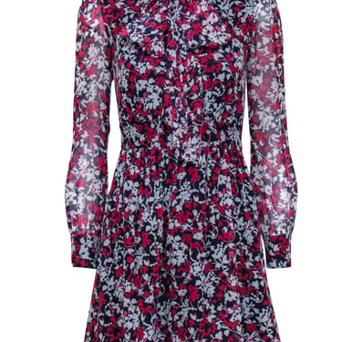 Diane von Furstenberg - Navy, Pink, & White Floral Print Long Sleeve Silk Mini Dress Sz 0