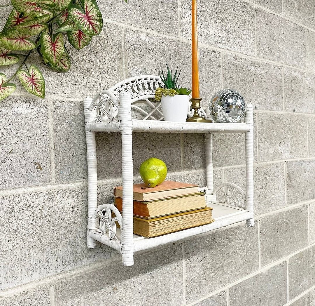 Vintage Wicker Rack Retro 1980s Bohemian + White + Two Tier + Woven ...