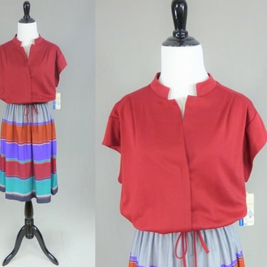 70s Red Striped Dress - Purple Green Orange Gray Black White - Deadstock Unworn w/ Tag - Back Street - Vintage 1970s - M 