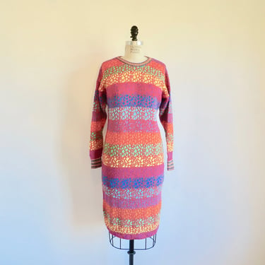 Vintage 1980's Multicolor Striped Sweater Knit Dress Hand Loomed Wool Rayon 80's New Wave Style Brenda Knits Size Medium 