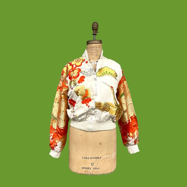 Vintage Bomber Jacket Retro 1980s DEADSTOCK + Sachi New York + Orange + Gold + Beige + Embroidered + Cranes + Floral + Womens Apparel 