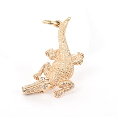 Vintage 14K Gold Alligator Pendant With Diamond Eyes and Articulating Jaw, Solid Gold Animal Pendant with Diamonds 