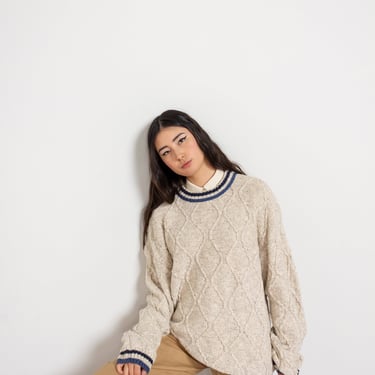 OATMEAL WOOL SWEATER Vintage Pullover Jumper Sporty Crew Neck Cotton Heather Speckled Beige 90's Oversize / Extra Large 