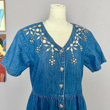 Vintage Denim Dress, Metal Studs, Rhinestones, Side Pockets, Fits Size L 