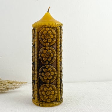 Retro Gold Embossed Pillar Candle, Unused Vintage Floral Candle 