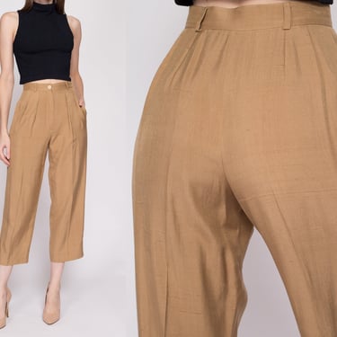 Petite Small 90s Anne Klein Silk High Waisted Trousers 25" | Vintage Minimalist Tan Pleated Tapered Leg Short Inseam Pants 