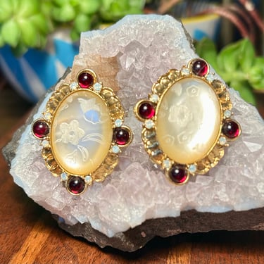 Vintage Clip On Earrings Iridescent Floral Motif Red Glass Stones Retro Fashion Gift 
