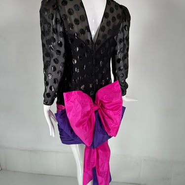 1980s Black Velvet Dot with Draped Pink &amp; Purple Taffeta Skirt &amp; Huge Bow Back