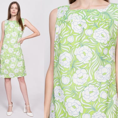 60s Psychedelic Floral Mini Shift Dress - Medium | Vintage Green White Sleeveless Knee Length Dress 