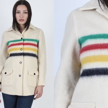 Hudsons Bay Jacket Wool Coat / Womens Blanket Coat / Vintage 1940/50s Hudson Bay Wool 4 Point Striped Barn Jacket Ivory Coat 
