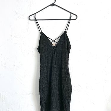 Vintage 90s Black Lace Deep V Bodycon Mini Dress 