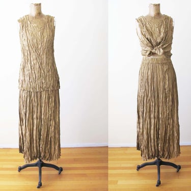 Vintage Silk 2 Piece Crinkle Set S - 90s  Tan Brown Silk Maxi Skirt Sleeveless Top -  Minimalist Boho Clothing 