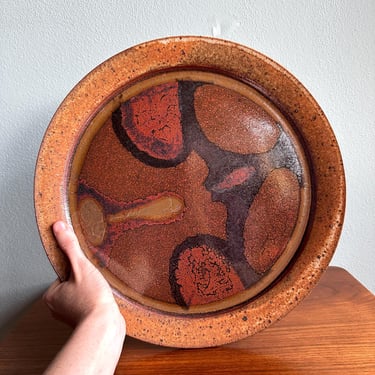 Vintage pottery platter with gorgeous abstract glaze work / iron red PNW ceramic art 