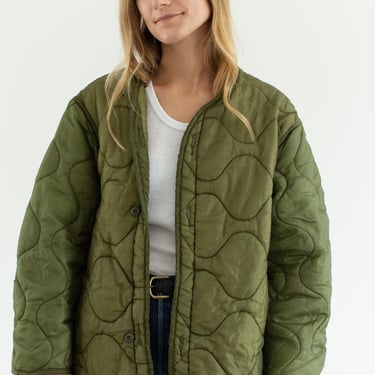 Vintage Green Liner Jacket | Unisex Wavy Quilted Nylon Coat | XL | LI292 