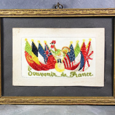 World War I Embroidered Silk French Postcard - WWI Souvenir of France - Rooster and Flags French Icon | FREE SHIPPING 