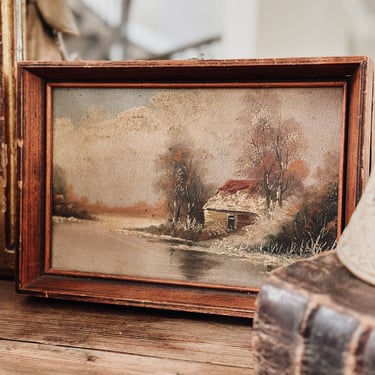 Antique Original Oil Painting, Winter Stream Scene 