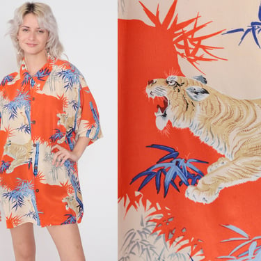 Tiger Print Shirt 90s Silk Button up Shirt Tropical Bamboo Animal Print Short Sleeve Collared Orange Blue Cream Vintage 1990s Men's 2xl xxl 