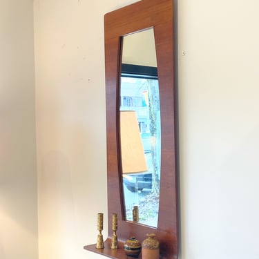Teak Bentply Mirror w/ Fun Shaped Mirror Reveal & Lower Shelf