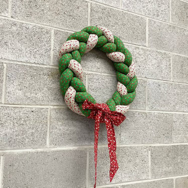 Vintage Wreath Retro 1970s Quilted + Handmade + Braided + Christmas + Green + White + Red + Floral Print + Door Hanging + Holiday Decor 