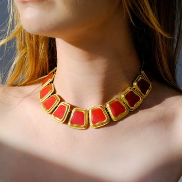Vintage 80s Anne Klein Gold & Red Enamel Geometric Choker Necklace | Statement Piece, Chunky Layering Necklace | 1980s Designer Boho Jewelry 