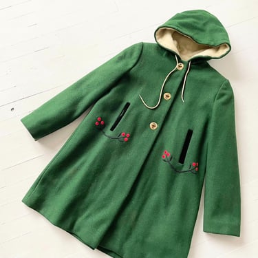 1960s Children’s Embroidered Forest Green Wool Hooded Coat 
