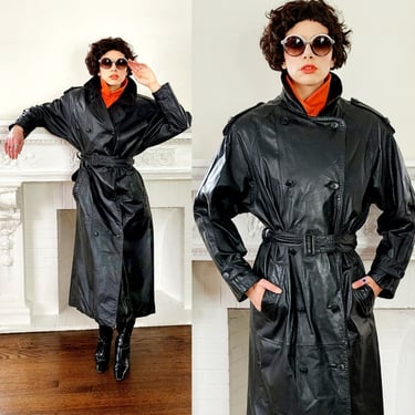 80s Black Leather Coat with Matching Belt Long by Spiegel M-L 