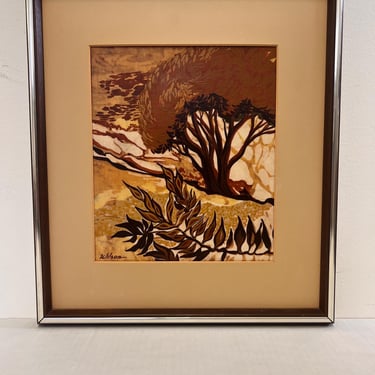 Free shipping within continental US - Vintage Mid Century Modern Batik Style Abstract Framed Painting Landscape 