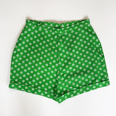 Vintage 1960s Kelly Green Nautical Print Shorts Captain’s Wheel Motif/ 60s Novelty Print Summer Cotton Shorts Waist 28 