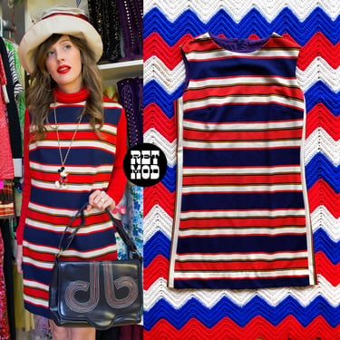 Mod Vintage 60s 70s Red Navy Off-White Stripe Sleeveless Dress 