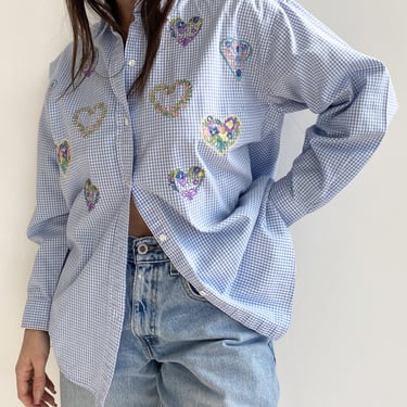Blue Gingham Floral Hearts Embroidered Blouse