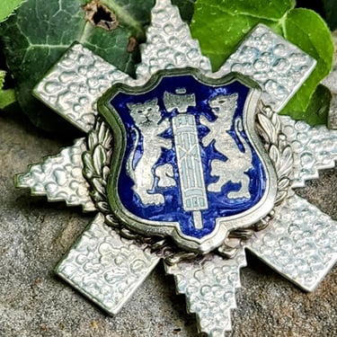 Vintage Heraldic Lion Brooch~Lion Rampant with Crest & Blue Enamel 