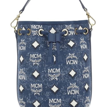 Mcm Woman Embroidered Denim Dessau Bucket Bag