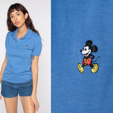 Mickey Mouse Shirt Blue Walt Disney Polo Shirt 80s Graphic Cartoon T Shirt Vintage Retro Tee 1980s Kawaii Shirt Single Stitch Shirt Small 