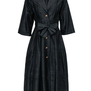 Emmanuelle Khanh - Vintage Black Silk Large Collar Button Front Dress Sz 8
