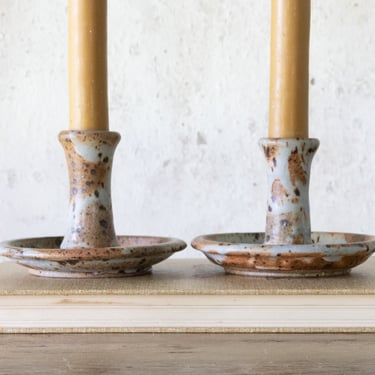 Signed Studio Pottery Candle Holders, Pair of Stoneware Candlestick Holders, Bill Wilson Pottery 