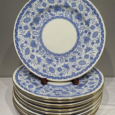 12 Royal Crown Derby WILMOT Blue White Dinner Plate Gold Rim Butterfly, Toile plate set, blue and white dinner plates, display decor 