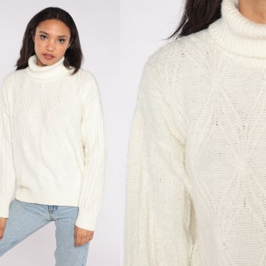 White Turtleneck Sweater 80s 90s Brocade Pullover Turtle Neck Angora Blend Textured Sweater Vintage Retro Plain Medium 
