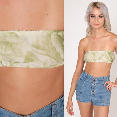 70s Bandeau Top Floral Tube Top Crop Top Sleeveless Tank Cropped Shirt Summer Festival Party Swim Green Cream Vintage 1970s Extra Small XS S 