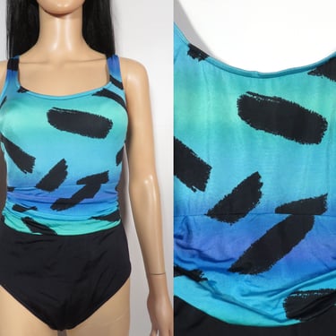 Vintage 80s Jantzen Brushstroke Print Swimsuit Made In USA Size 14 L 
