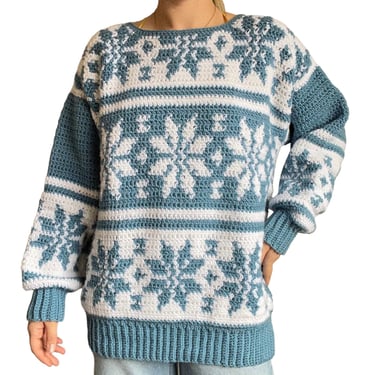 Hand Knit Womens Crochet Winter Snowflake Chunky Oversized Blue White Sweater 