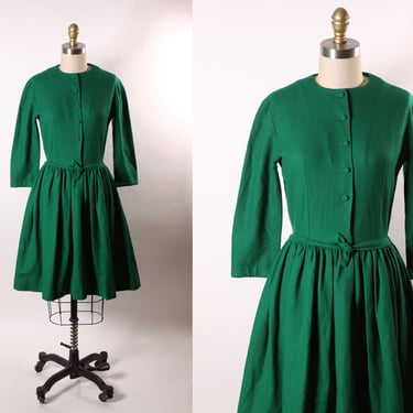 1950s Green 3/4 Length Sleeve Button Up Front Fit and Flare Dress -XS 